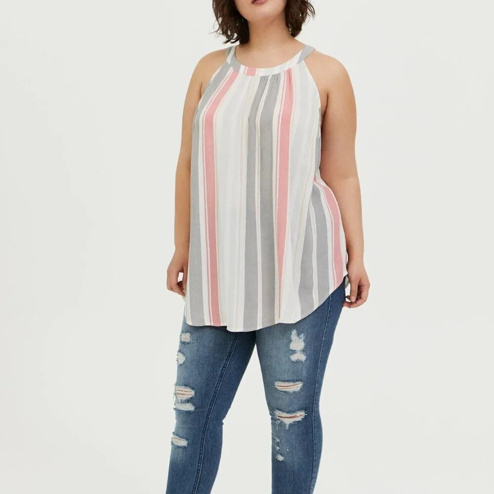 Torrid Stripe White Rayon Crepe High Neck Tank in Size 2 - 18/20